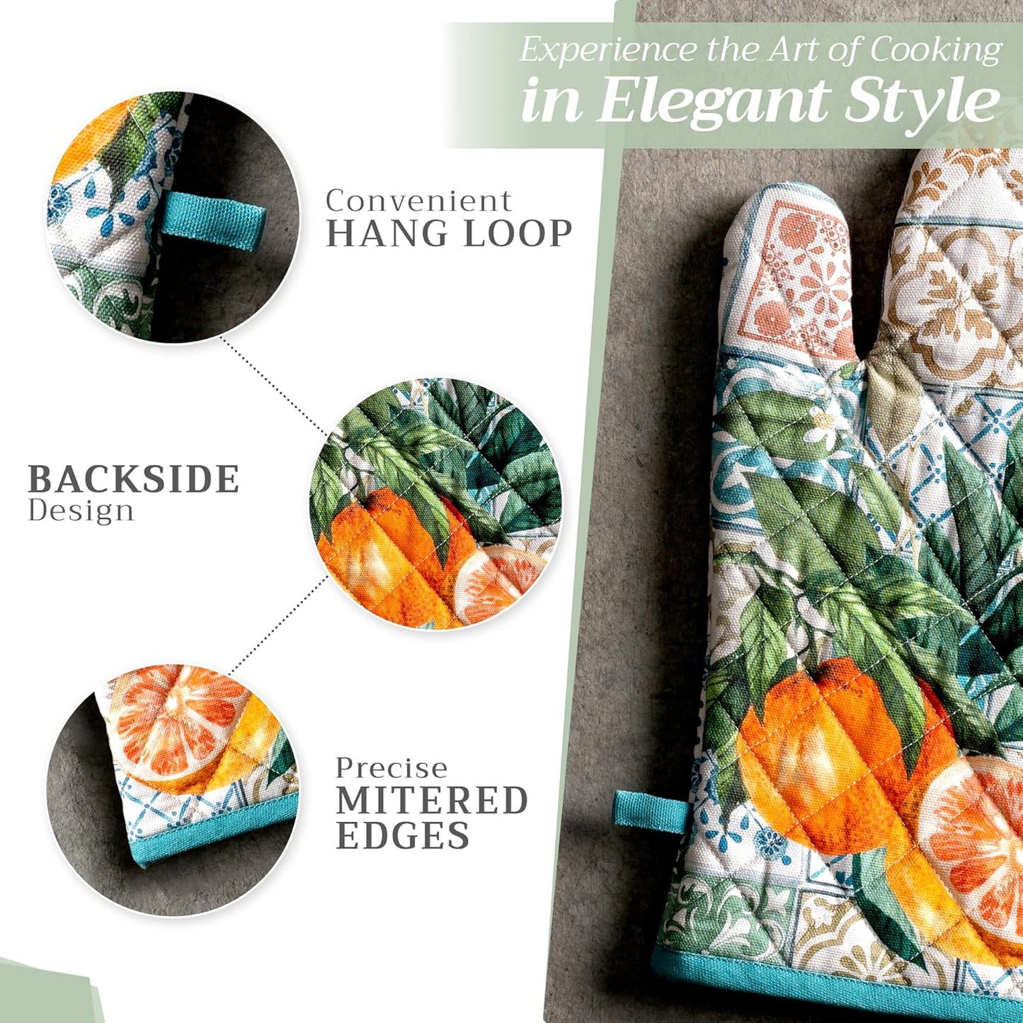 Maison d' Hermine Oven Gloves 100% Cotton Oven Mitt 7" x 13" with Loop Heat Resistant, BBQ, Cooking Gloves, Baking, Grilling, Kitchen, Handling Hot Pans Spring/Summer (Pack of 1, Agrume)