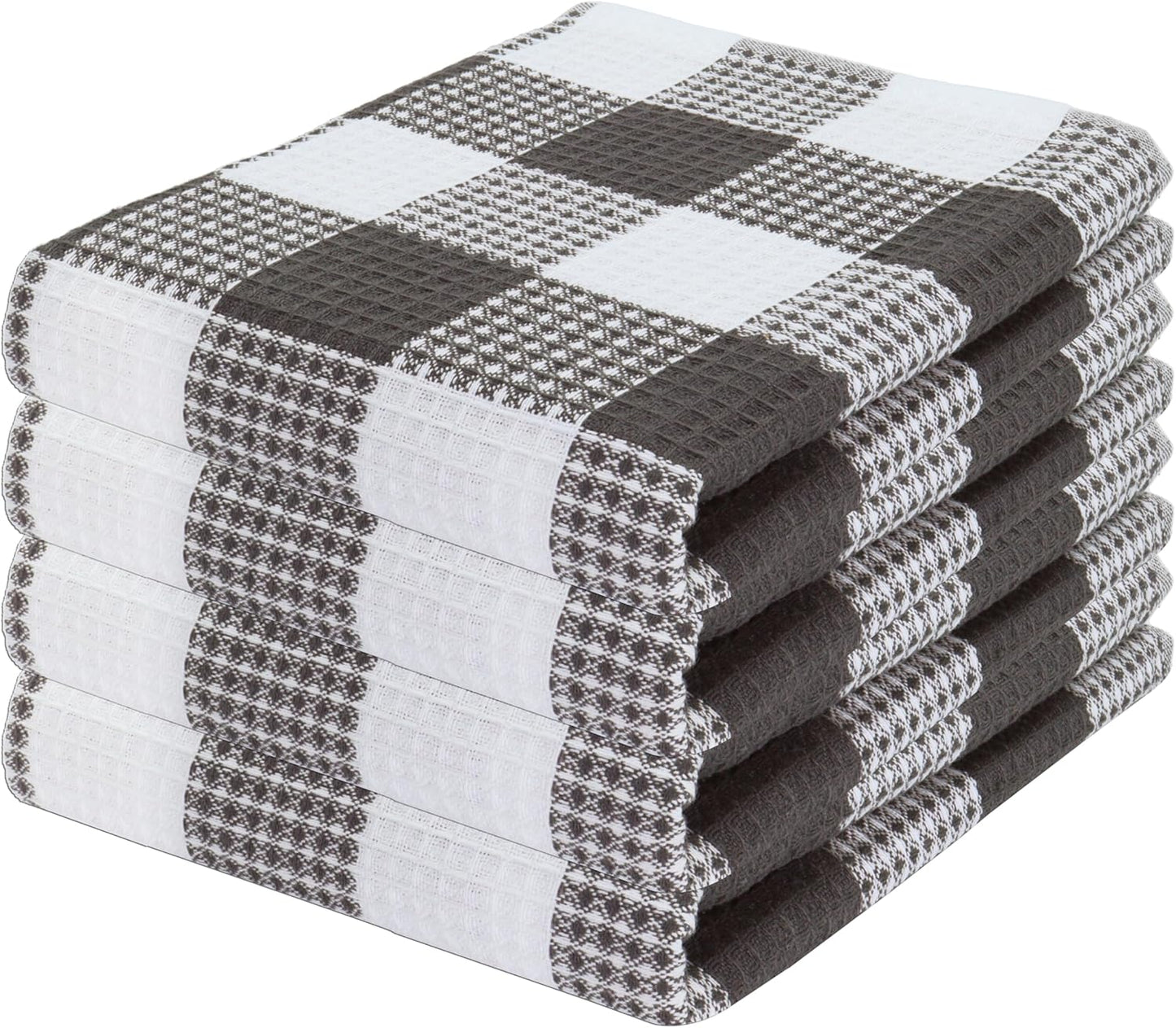 PurpleEssences 100% Cotton Waffle Weave Check Plaid Kitchen Towels, Super Soft and Absorbent Dish Towels for Drying Dishes 15 x 25-4 Pack - Spring Summer - Steel Grey and White