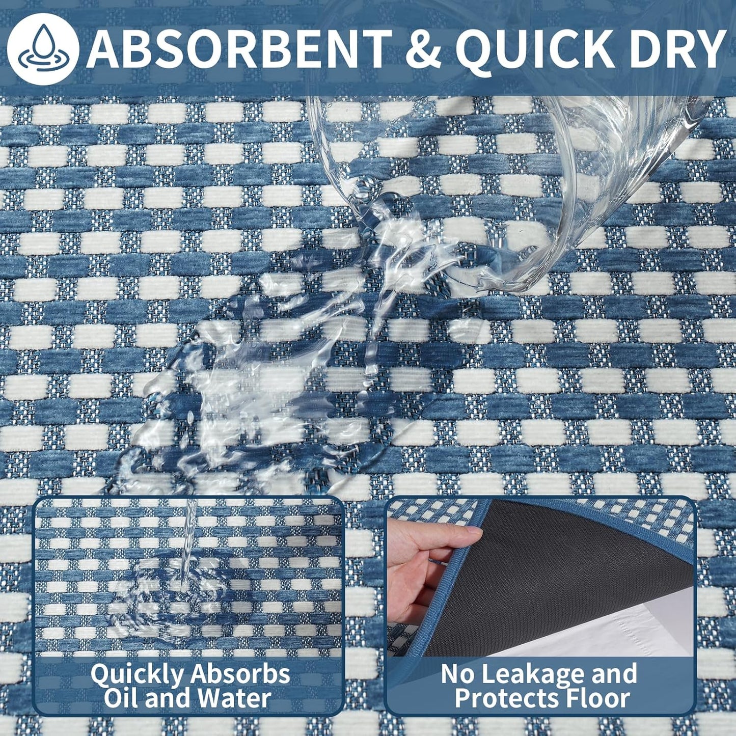 Large Kitchen Runner Rugs Long Kitchen Mat Non Slip Washable, Super Absorbent Soft Chenille Braided Kitchen Mats for Floor, Rubber Backing Kitchen Sink Standing Mat, Easy Clean, Blue 36"x71"