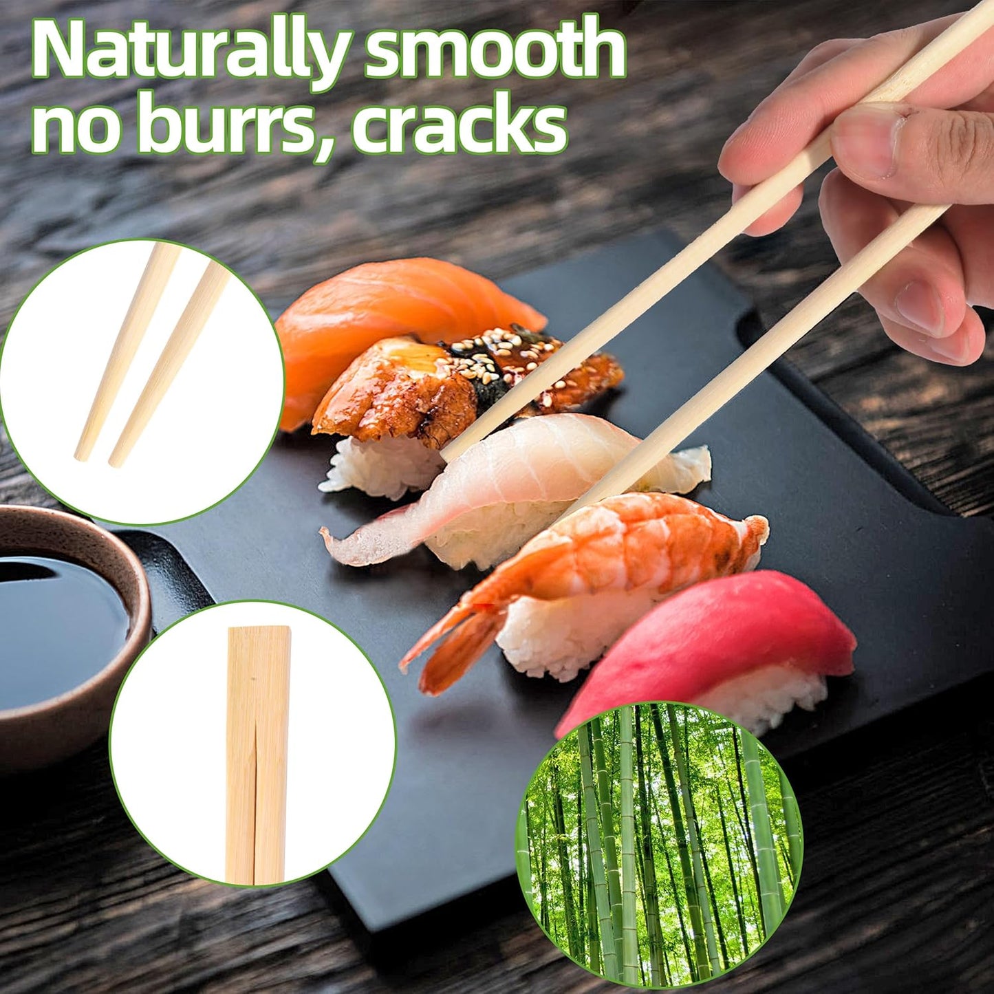 Disposable Bamboo chopsticks (100PAIRS) Sturdy Smooth,Individually Wrapped Wooden Chopsticks Best for Korean Japanese Sushi & Asian Dishes,chopsticks surface smooth without debris.