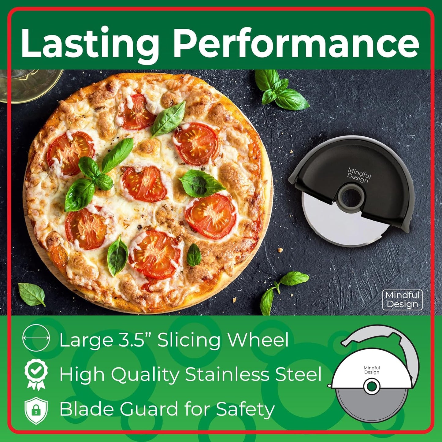 Mindful Design Pizza Cutter Wheel with Protective Blade Cover, Easy to Clean and Dishwasher Safe Handheld Pizza Slicer