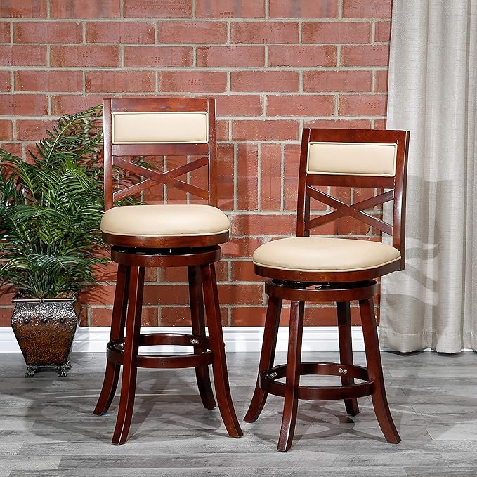DTY Indoor Living Meeker X Back Bonded Leather Swivel Stool, 30" Bar Height, Cherry Finish, Bone Leather Seat