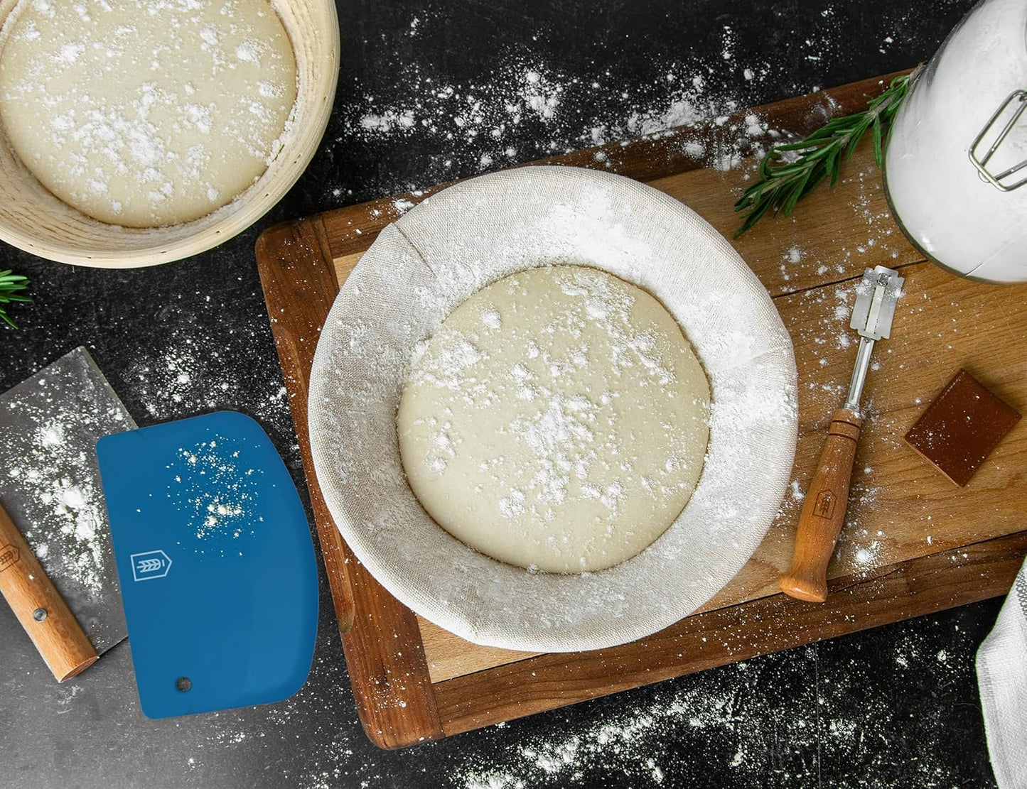 Bread Proofing Set, by Kook, Sourdough Bread, Rattan Baskets and Liners, 1 Round and 1 Oval Banneton Basket, Dough Scrapers, Scoring Lame & Case, 4 Blades, Brush, Plastic Dough Cover, Set of 2