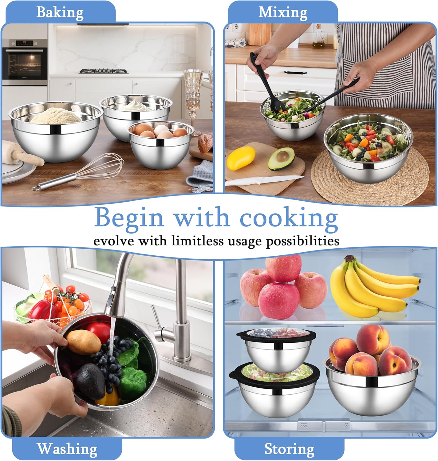 LIANYU Mixing Bowls Sets of 3, Stainless Steel Metal Nesting Mixing Bowl Sets for Kitchen, Large and Small Size 4.6 & 3 & 1.5QT, Include Transparent & Airtight Lids, Dishwasher & Freezer Safe, Black