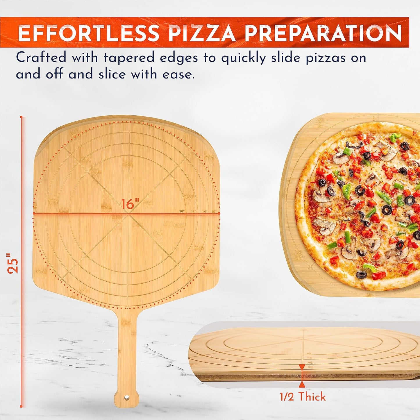 Loftern Wooden Pizza Peel 16 Inch Board with Engraved Sizes - Multi-Purpose Bamboo Pizza Cutting Board, Wood Pizza Peel, Pizza Spatula Paddle, and Serving Board with Size and Cutting Guide