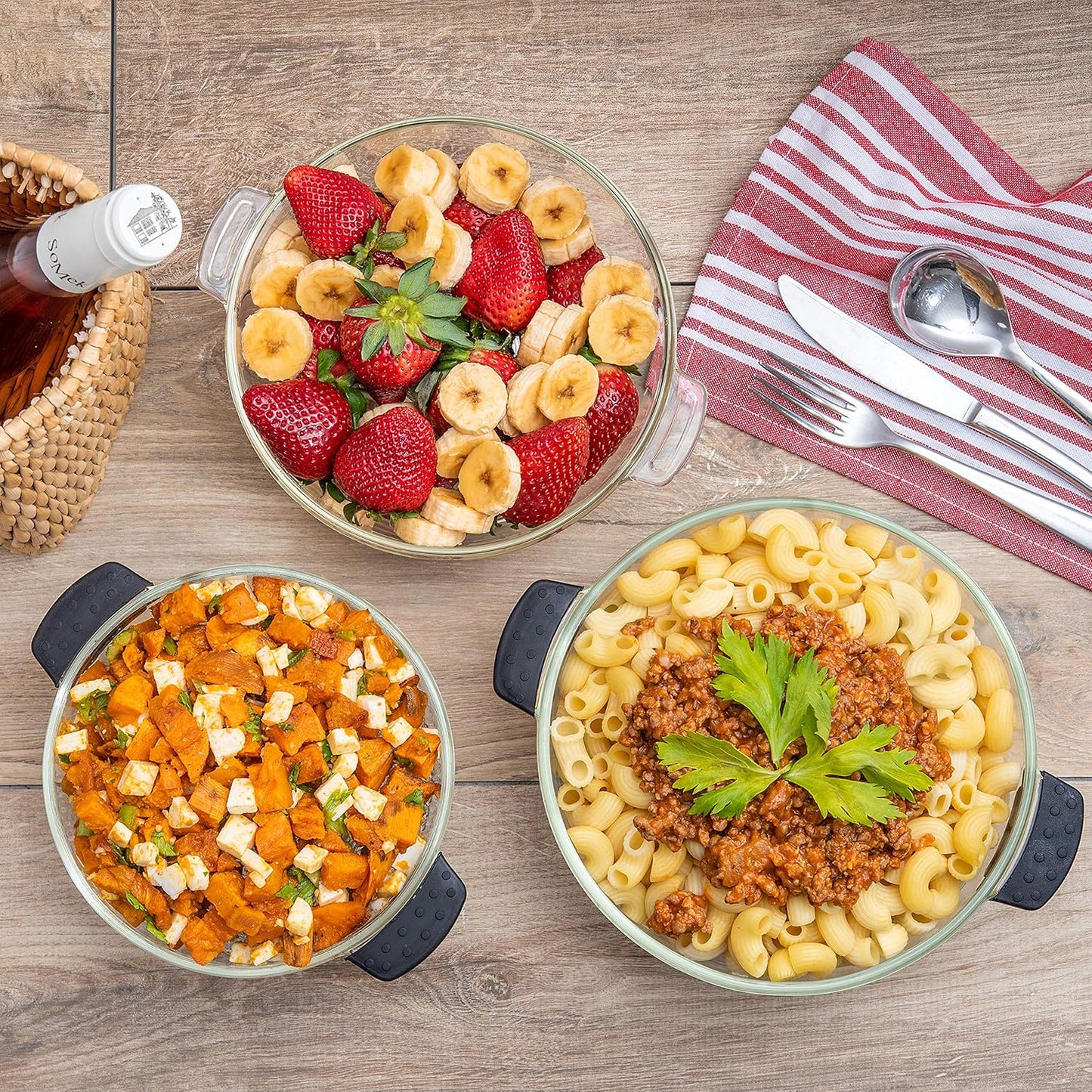 Moss & Stone 6-Piece Borosilicate Glass Casserole Set with Durable Plastic Lids – 2.6/1.5/1 Qt Oven & Microwave Safe Glass Baking Dishes for Cooking, Serving & Kitchen Storage