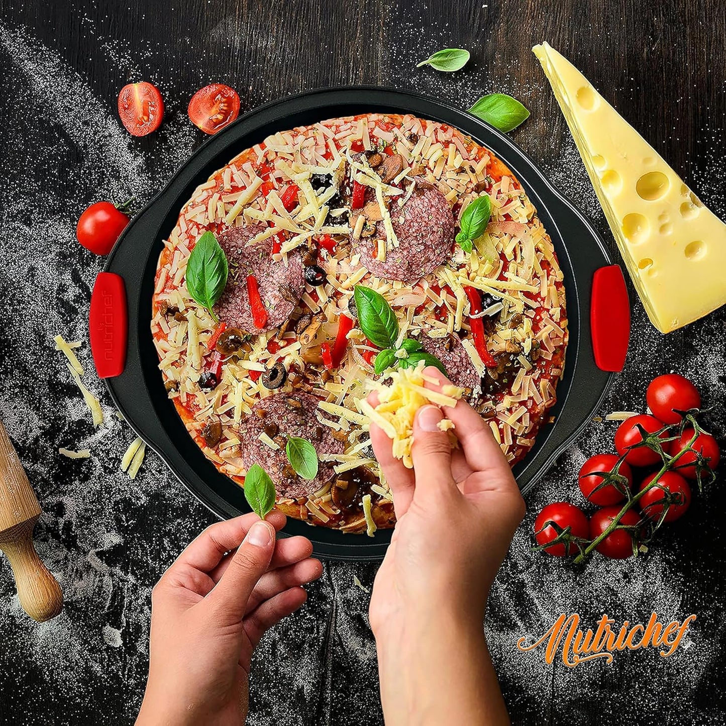 NutriChef 13-Inch Nonstick Pizza Tray - Round Carbon Steel Non-Stick Pizza Baking Pan with Perforated Holes, Premium Bakeware Pizza Screen with Silicone Grip Handles, Dishwasher Safe - NCBPIZ1