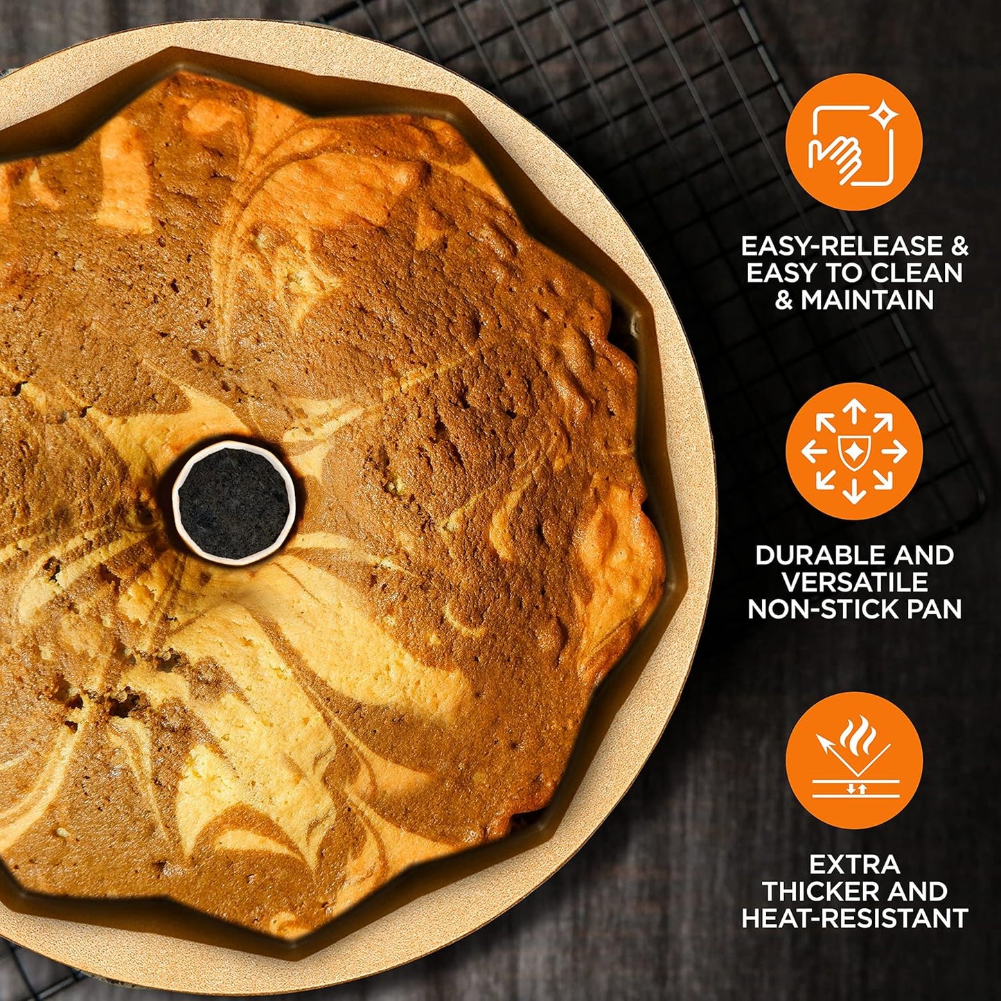 NutriChef 9-Inch Cake Pan - Thick and Heavy Cast Aluminum Bakeware Cake Mold with 2 Layers of Nonstick Coating - French Wreath Design for Uniform Baking Up To 500 Degrees - Easy to Clean, Gold