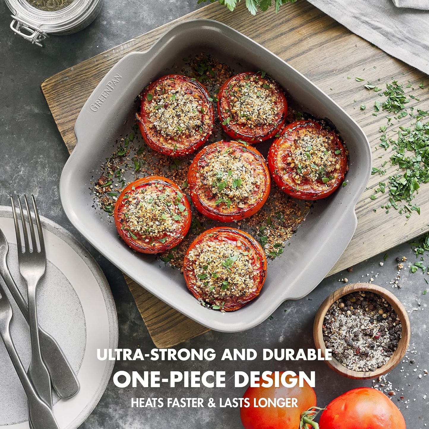 GreenPan Premiere Ovenware Healthy Ceramic Nonstick 8" Square Cake Baking Pan, Cast Aluminum Bakeware, Warp-Free, Oven and Broiler safe to 600F, Dishwasher Safe, PFAS-Free, Gray