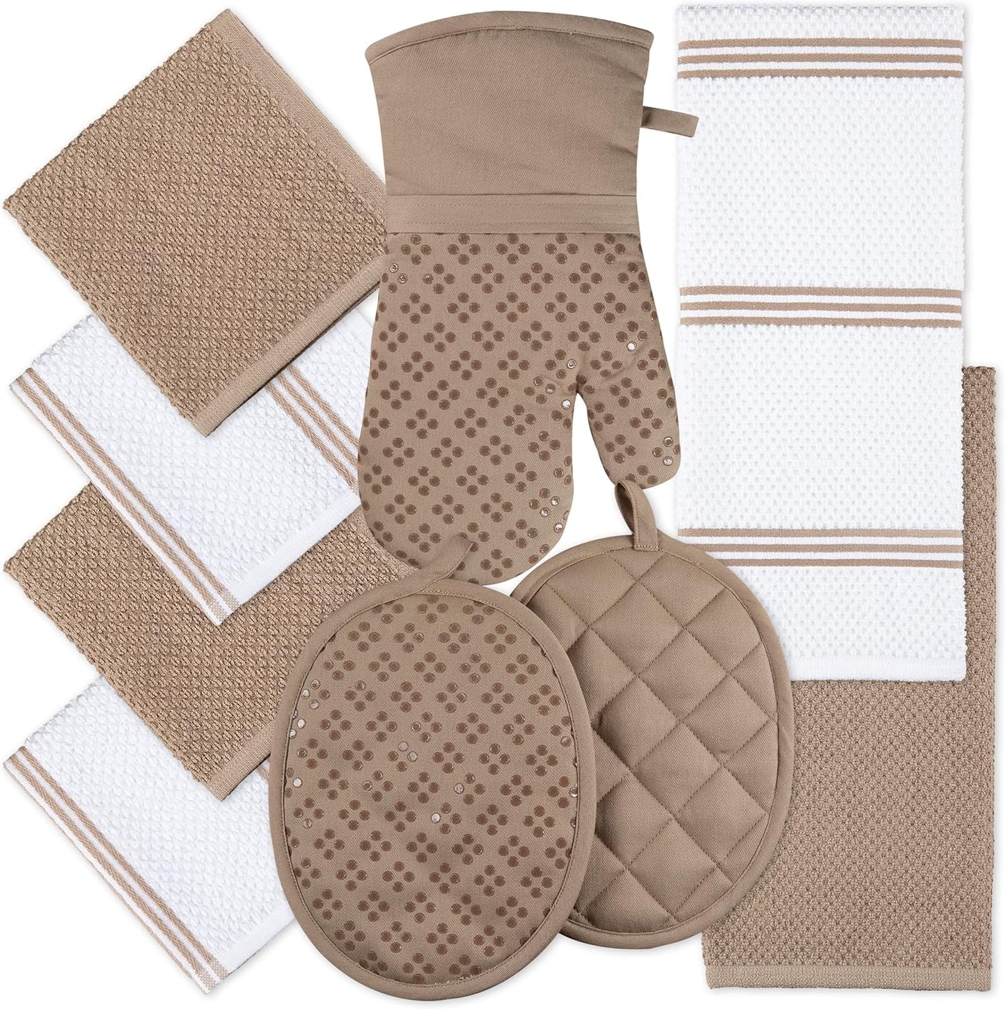 Sticky Toffee 9-Piece Kitchen Set – Tan 100% Cotton Terry Dish Towels, Dishcloths, Oven Mitts, and Pot Holders with Non-Slip Silicone Grip, Oeko-Tex Cotton
