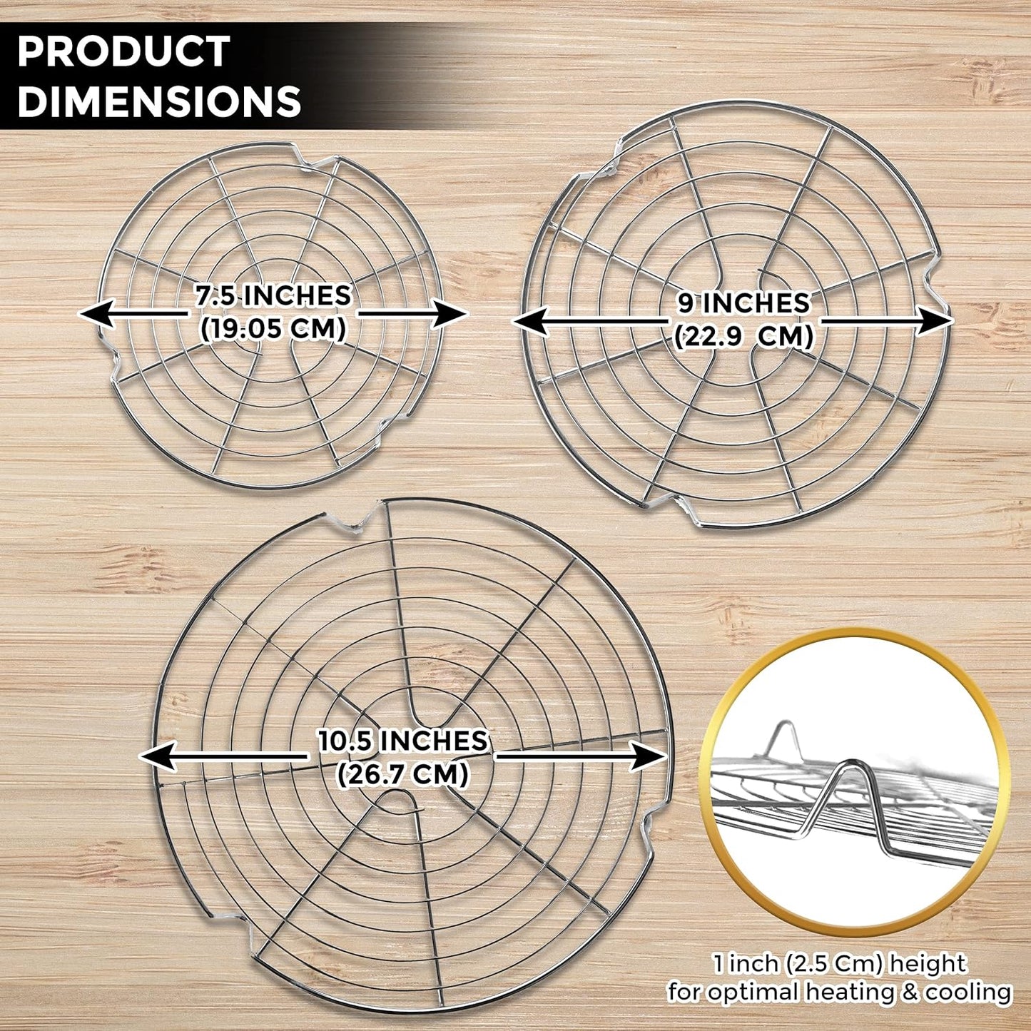 KITCHENATICS Round Cooling Racks for Cooking & Baking, Stainless Steel Steamer Rack, Canning Rack, Cake Cooling Rack - Circle Wire Cooling Rack for Air Fryer, Instapot, Cake Pans - 3PC 7.5", 9", 10.5"