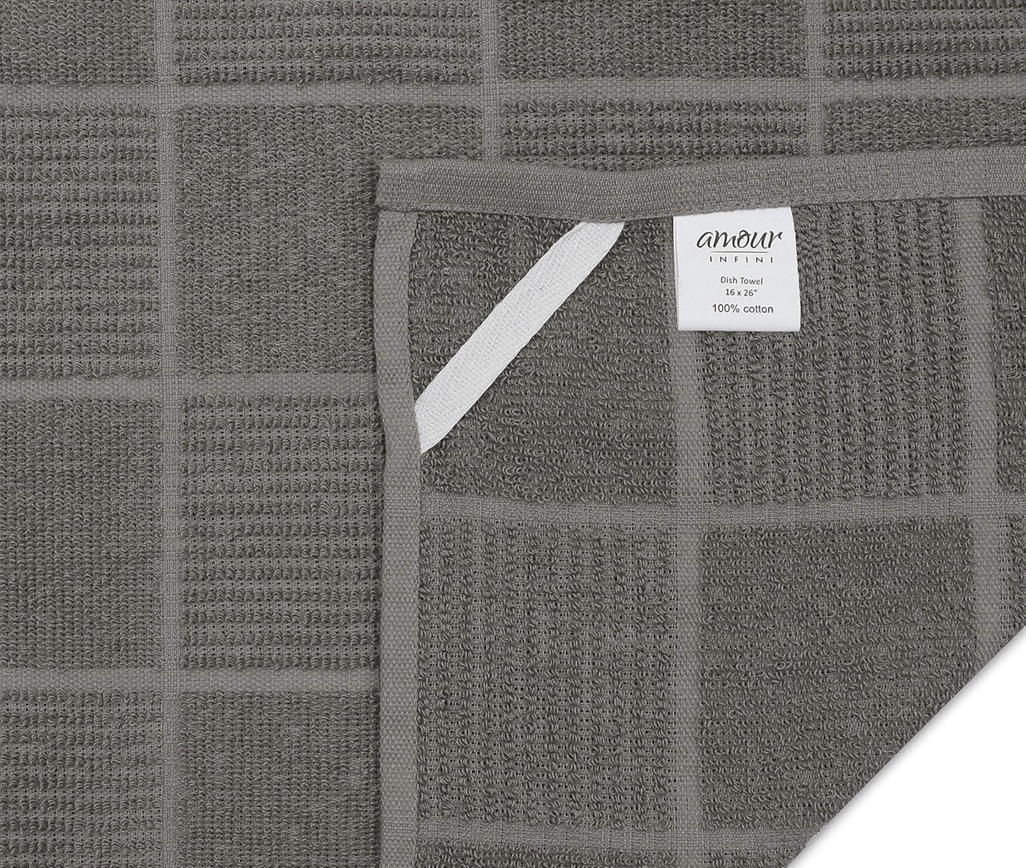 AMOUR INFINI Kitchen Towels Pack of 4 Absorbent, Quick Drying Premium Terry Cotton Dish Towel with Hanging Loop 16x28 Inch Hand & Tea Towels (L.Grey)