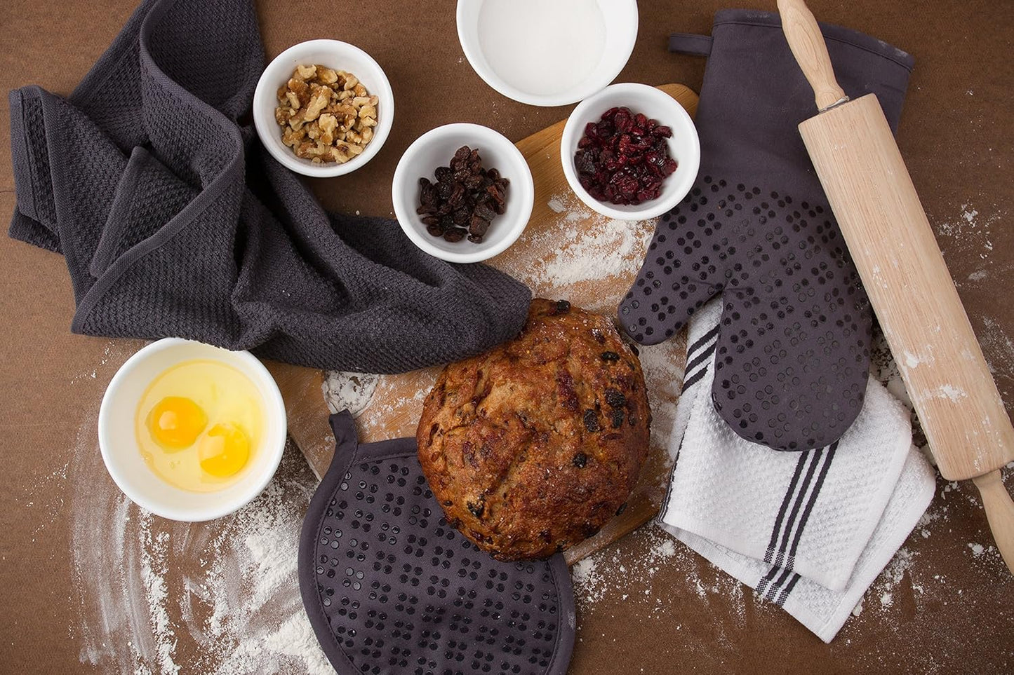 Sticky Toffee 9-Piece Kitchen Set – Gray 100% Cotton Terry Dish Towels, Dishcloths, Oven Mitts, and Pot Holders with Non-Slip Silicone Grip, Oeko-Tex Cotton